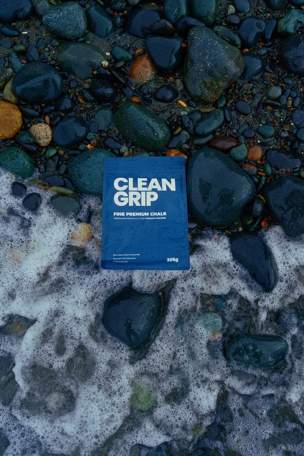 Clean Grip chalk on a pebble shoreline